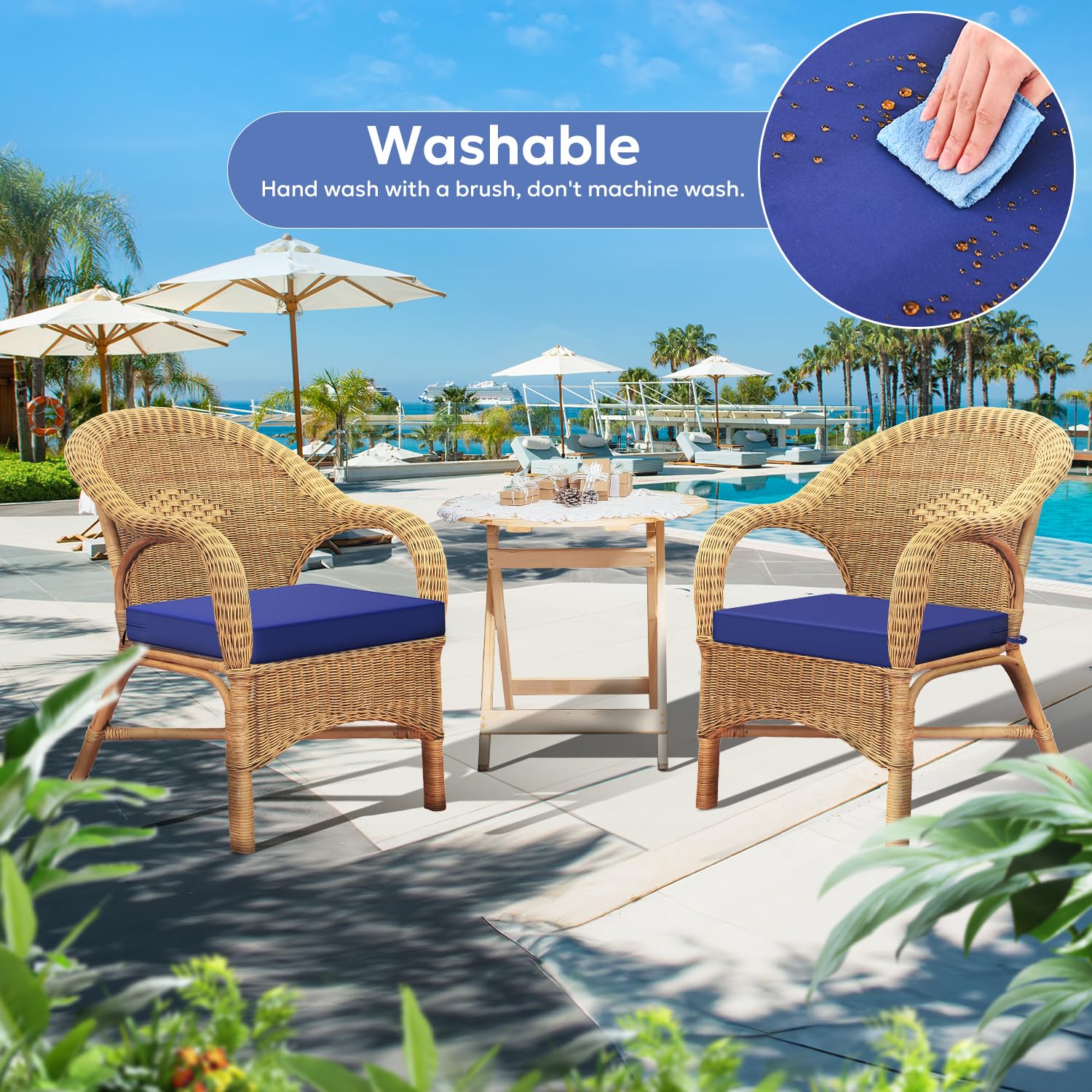 Gorpche Outdoor Chair Cushions, Waterproof Patio Chair Cushions Set of 2, Square Removable Outdoor Seat Cushions for Patio Furniture with Attach Straps, Foam and Hidden Zipper, 19 x 19 x 2 Inch, Blue