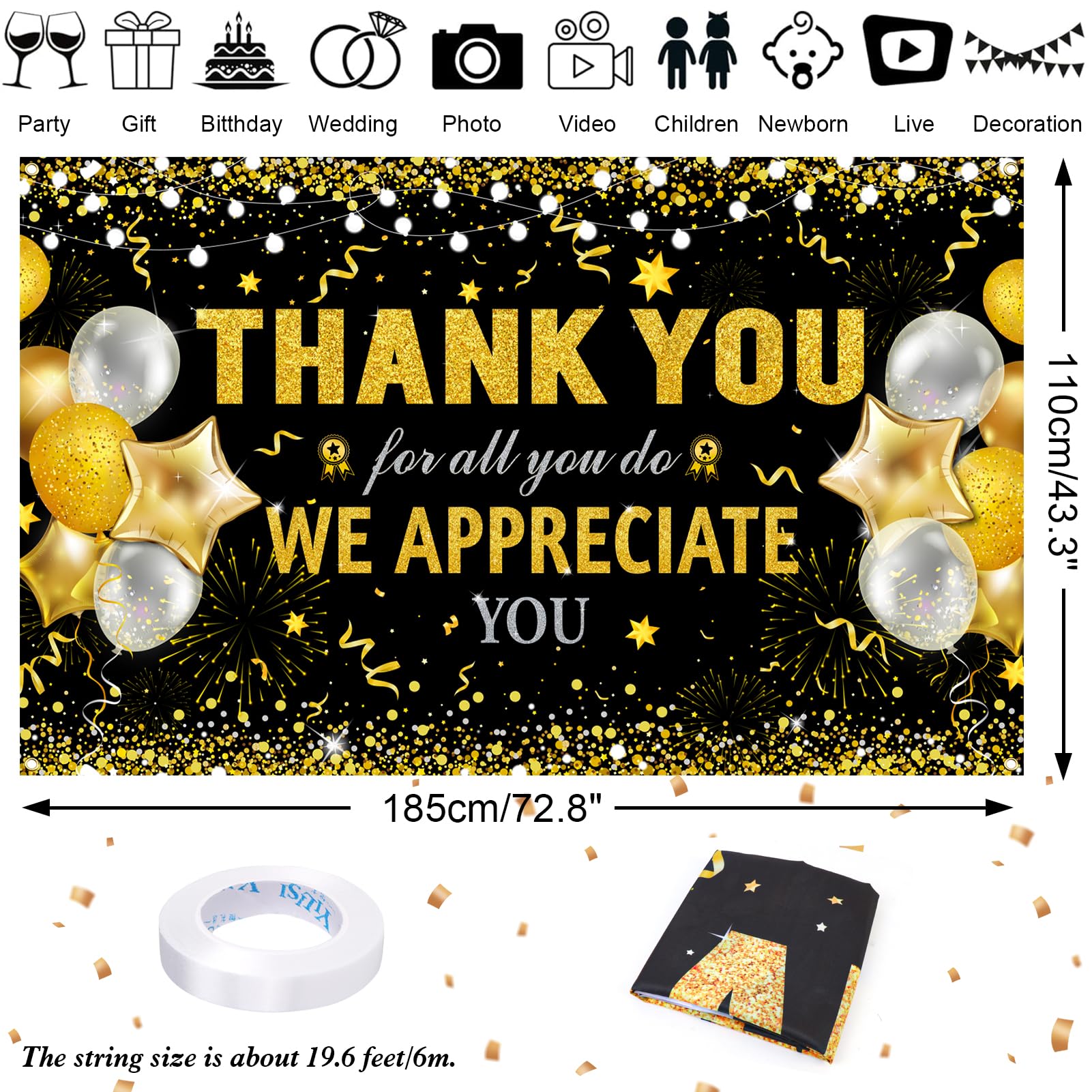 HOWAF Thank You for All You Do Banner, Employee Appreciation Banner for Staff Teachers Doctors Appreciation Party Decoration, We Appreciate You Backdrop Banner,Black and Gold, 72.8" x 43.3"