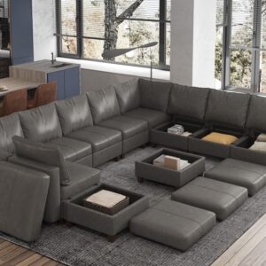 EASE MOOSE Convertible Modular Couch U Shaped Sofa with Storage Seat, Faux Leather Modular Sectional Sofa Oversized Sleeper Sofa with Reversible Chaises, Grey