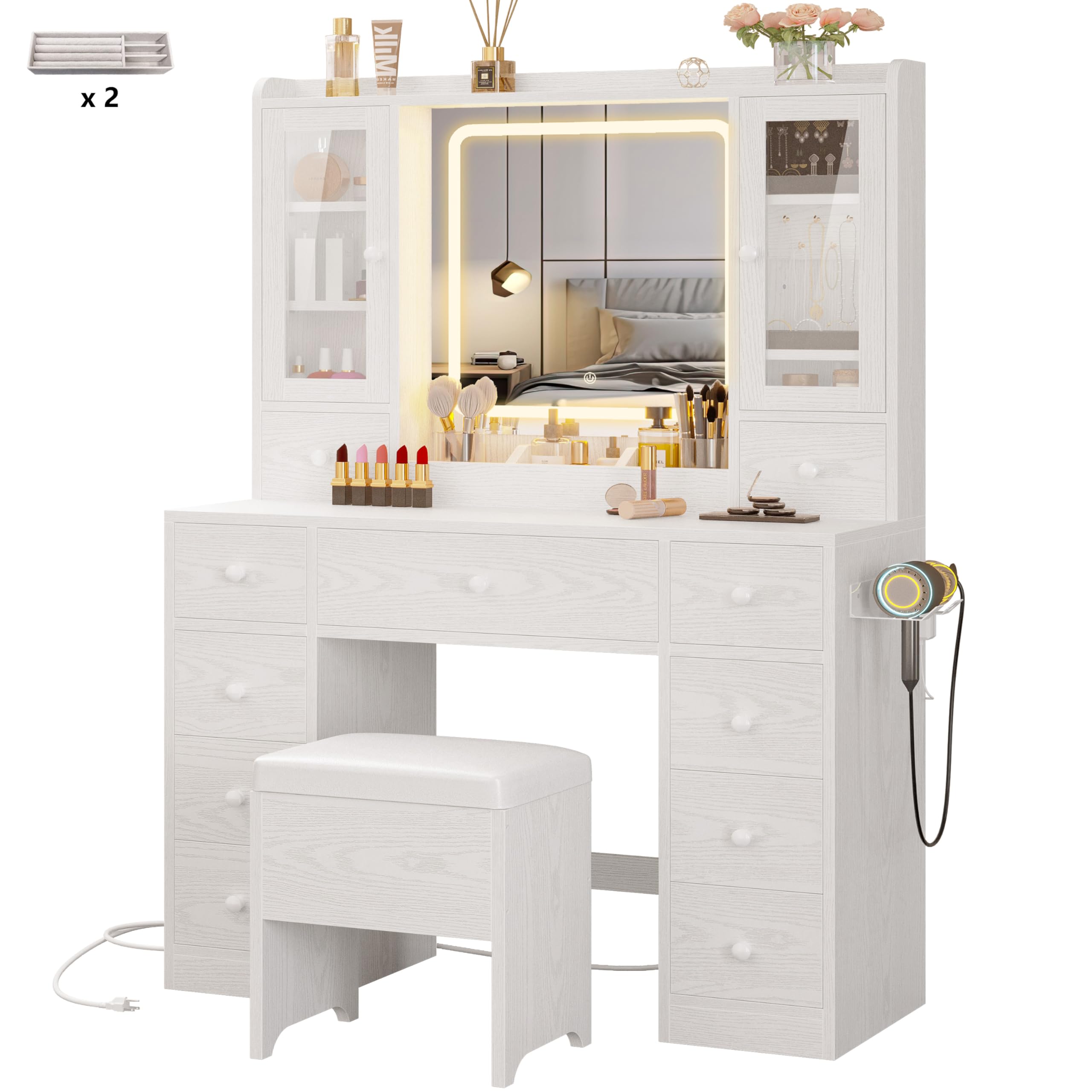 IRONCK Vanity Desk with LED Lights Mirror and Charging Station, Makeup Vanity Table with Jewelry Armoire, Storage Bench, and 11 Drawers, White