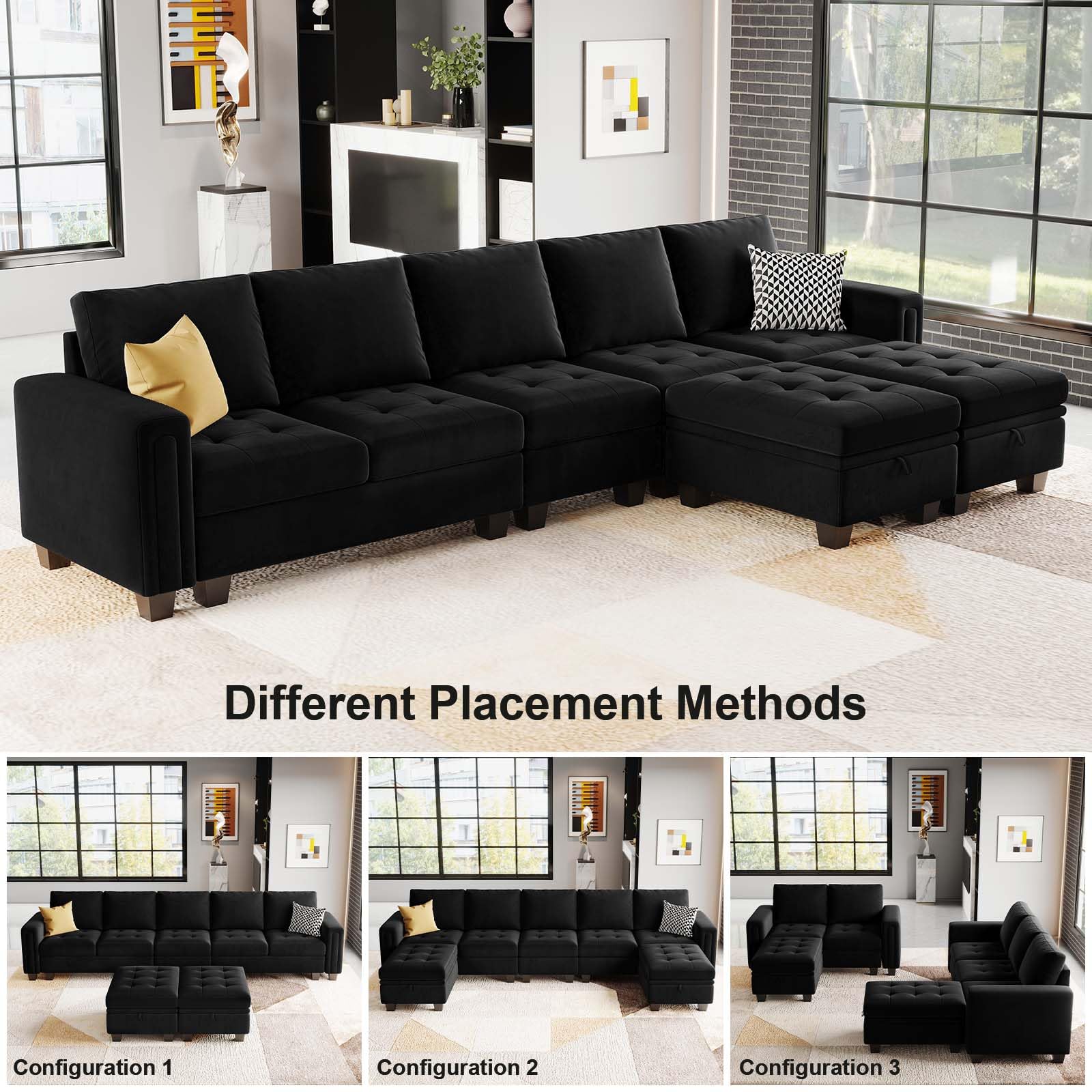 Belffin Large Velvet L Shaped Sectional Sofa Couch with Reversible Double Chaises Modular Sectional Sofa Couch with Storage Ottomans Convertible Sectional Sofa Black