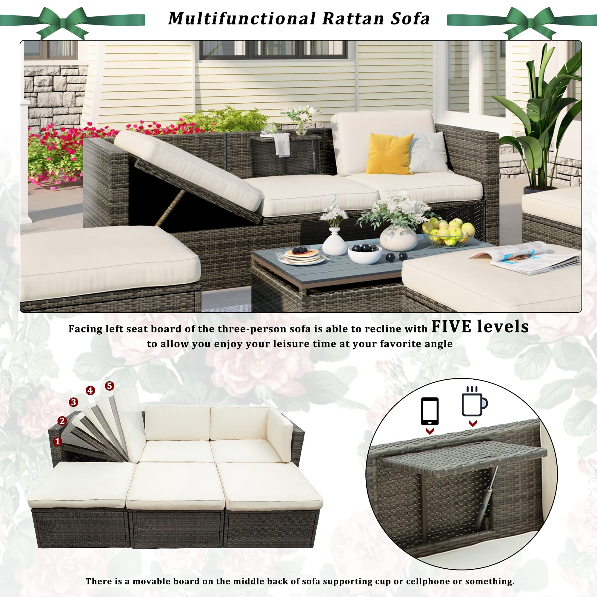 EMKK Patio Furniture Set,Outdoor Wicker ConversationSets,Rattan Sectional Sofa w/Ottomans and Lift Top Coffee Table,Seat Cushions for Backyard Porch Garden Poolside