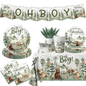 let the adventure begin baby shower tableware,woodland baby shower plates and napkins decorations cups banner tablecloth for adventure awaits baby shower boy mountain party decorations