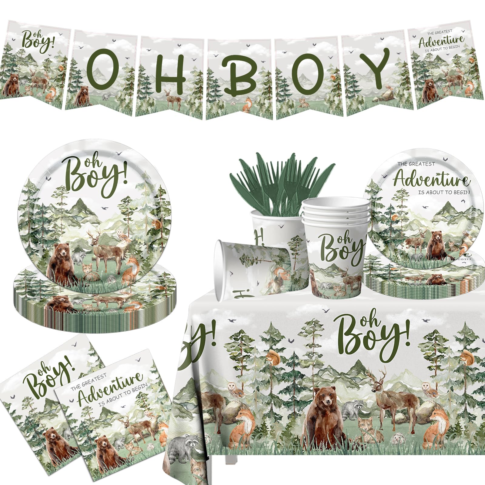 Let The Adventure Begin Baby Shower Tableware,Woodland Baby Shower Plates and Napkins Decorations Cups Banner Tablecloth for Adventure Awaits Baby Shower Boy Mountain Party Decorations