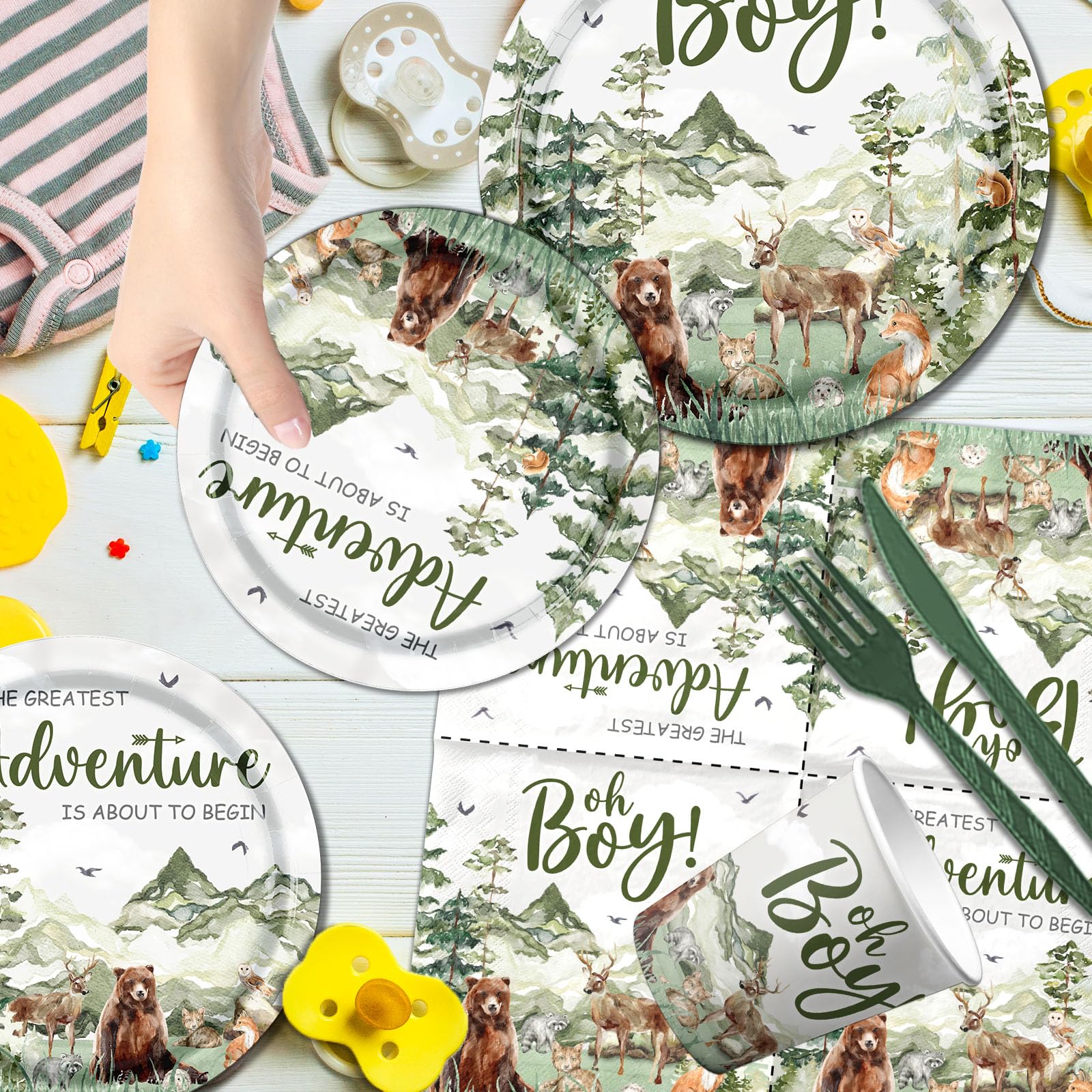 Let The Adventure Begin Baby Shower Tableware,Woodland Baby Shower Plates and Napkins Decorations Cups Banner Tablecloth for Adventure Awaits Baby Shower Boy Mountain Party Decorations