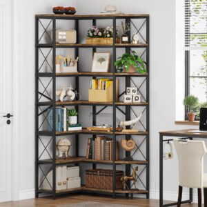 Condemo 7-Shelf Reversible Corner Bookshelf, Modern Industrial Tall Bookcase, 7-Tier Large L-Shaped Storage Shelf Display Rack with Metal Frame for Living Room, Home Office, Bedroom, Rustic Brown