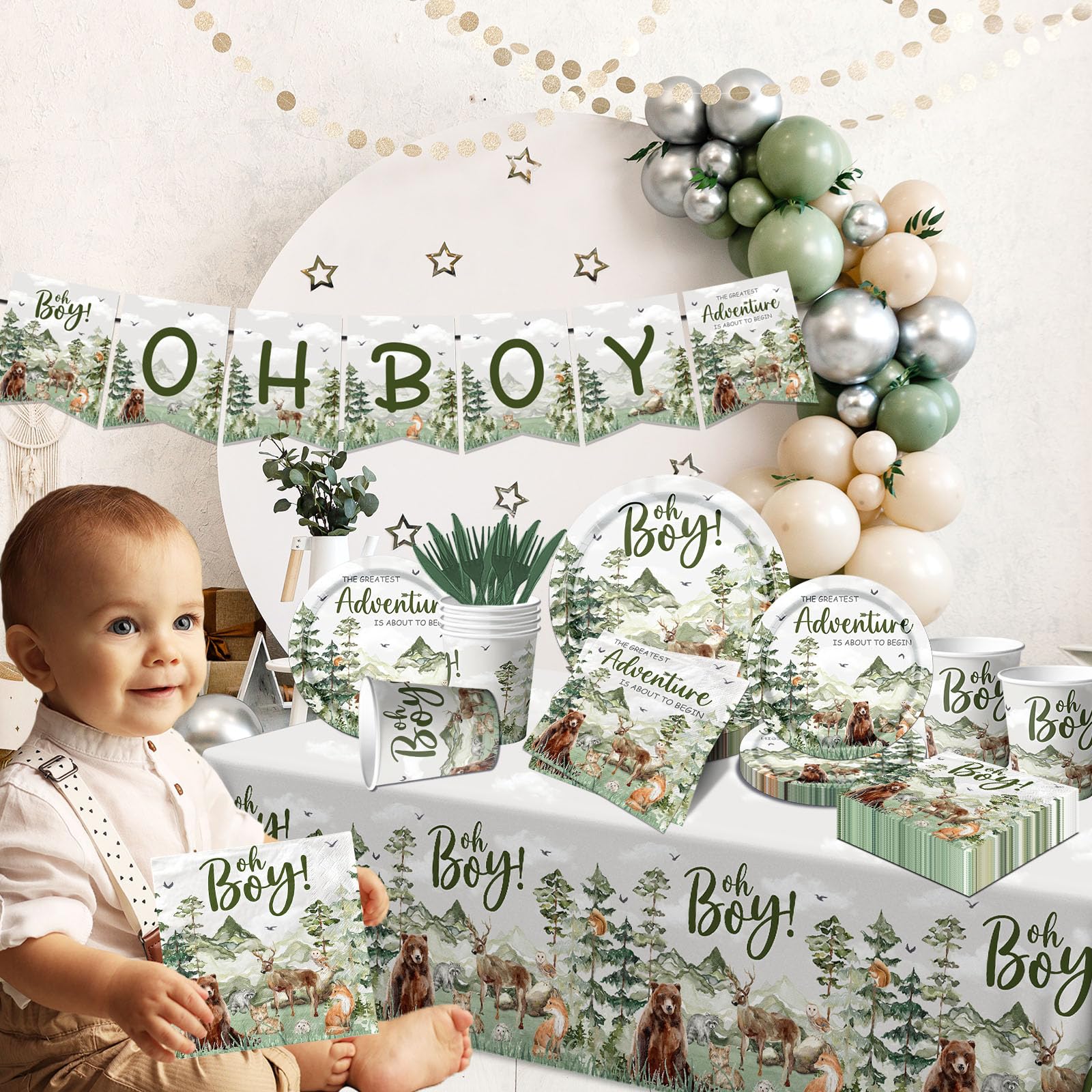 Let The Adventure Begin Baby Shower Tableware,Woodland Baby Shower Plates and Napkins Decorations Cups Banner Tablecloth for Adventure Awaits Baby Shower Boy Mountain Party Decorations