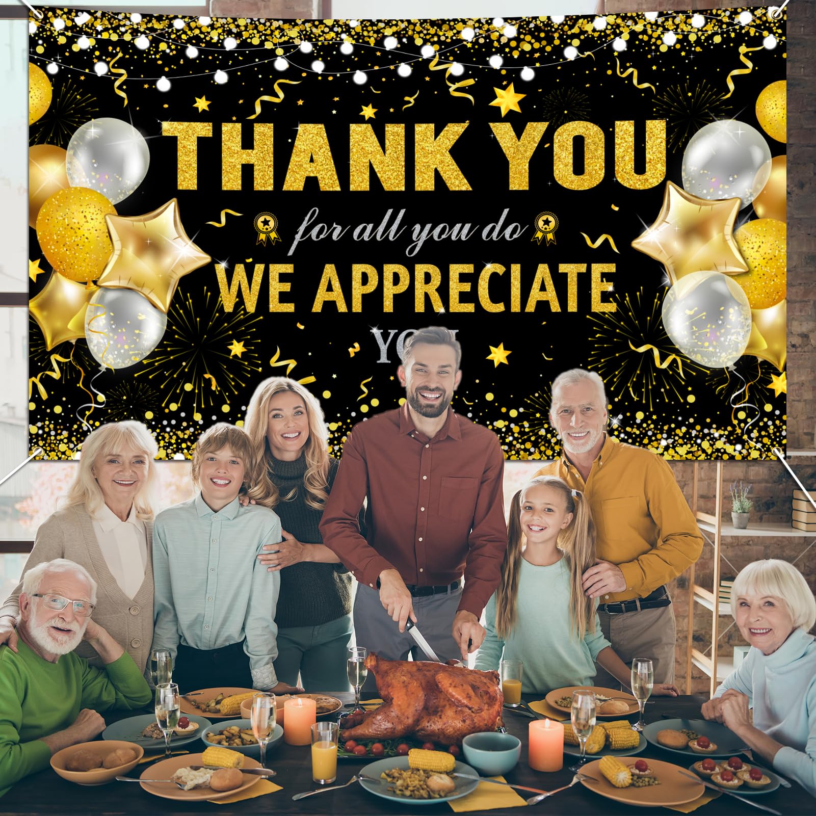 HOWAF Thank You for All You Do Banner, Employee Appreciation Banner for Staff Teachers Doctors Appreciation Party Decoration, We Appreciate You Backdrop Banner,Black and Gold, 72.8" x 43.3"