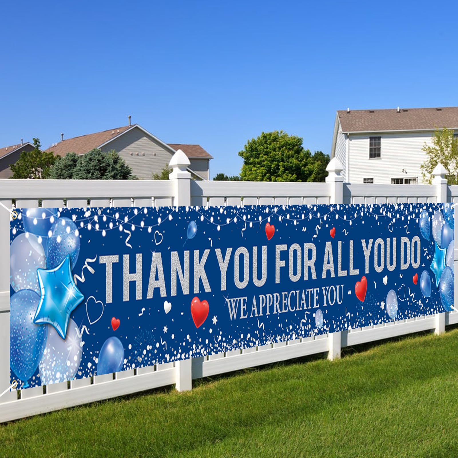 HOWAF Thank You for All You Do Fence Banner Party Decorations, Employee Appreciation Yard Sign Banner for Staff Teachers Doctors Appreciation Party, We Appreciate You Yard Banner, Blue Silver