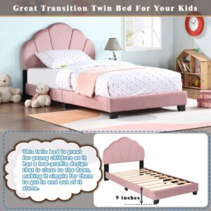 Gustonhon Upholstered Twin Size Platform Bed for Kids,Twin Bed Frame with Slatted Bed Base and Playful Headboard for Teens Girls,No Boxing Spring Needed (Pink)