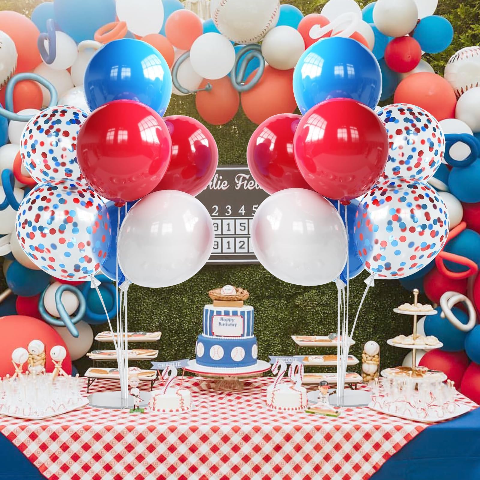 Blue and Red Balloon Stands Centerpieces 4 Set 28" Balloon Stands for Table with 30 Pcs Blue Red White Metallic Confetti latex balloons for Birthday Party Graduation Wedding Balloons Decorations