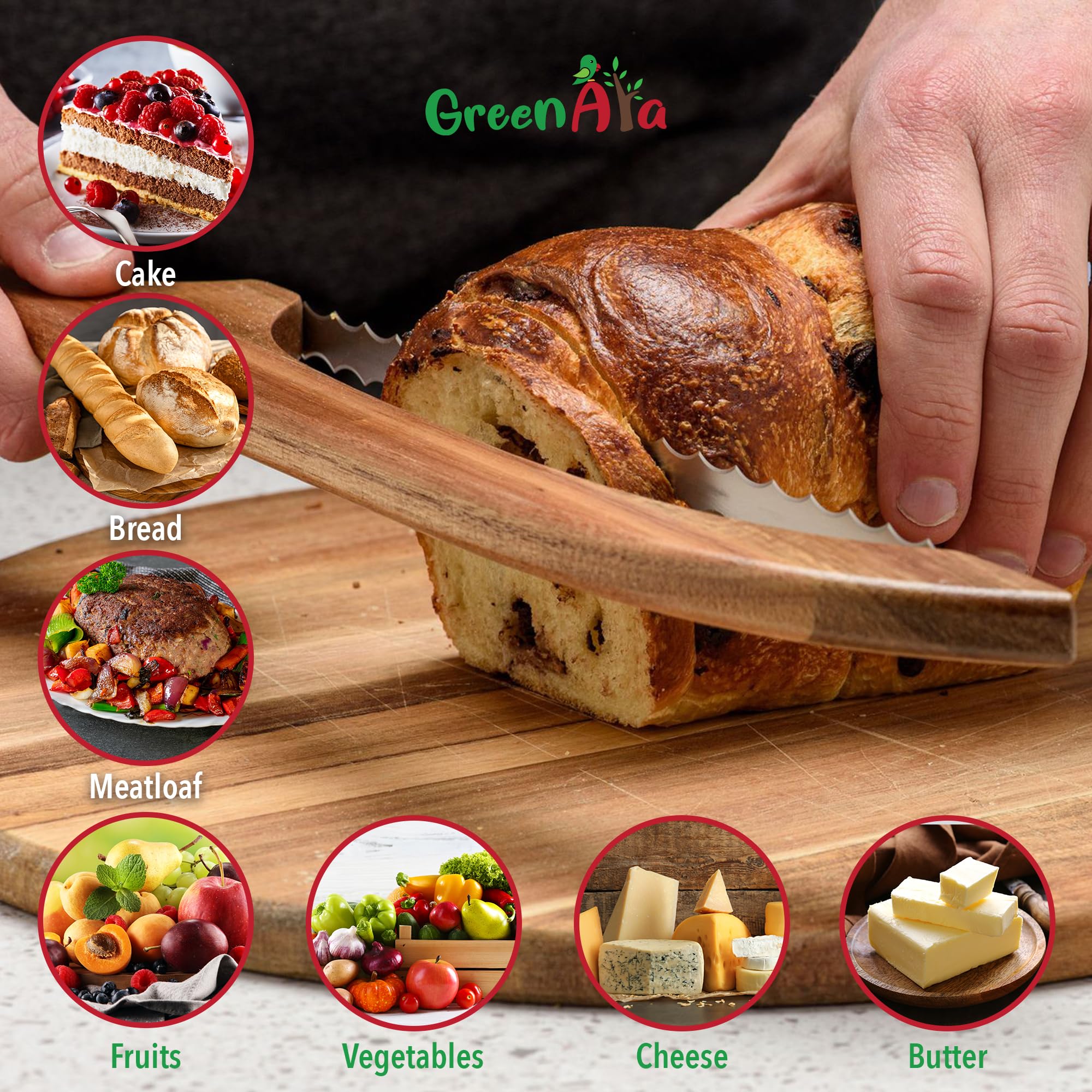 GREENARA Bow Knife - Bread Knife with Dual-Edge Serrated Blade - Right or Left-Handed Sourdough Bread Slicer - Premium Acacia Wood Handle, Stainless-Steel Saw Blade - Slicing & Cutting Kitchen Tool