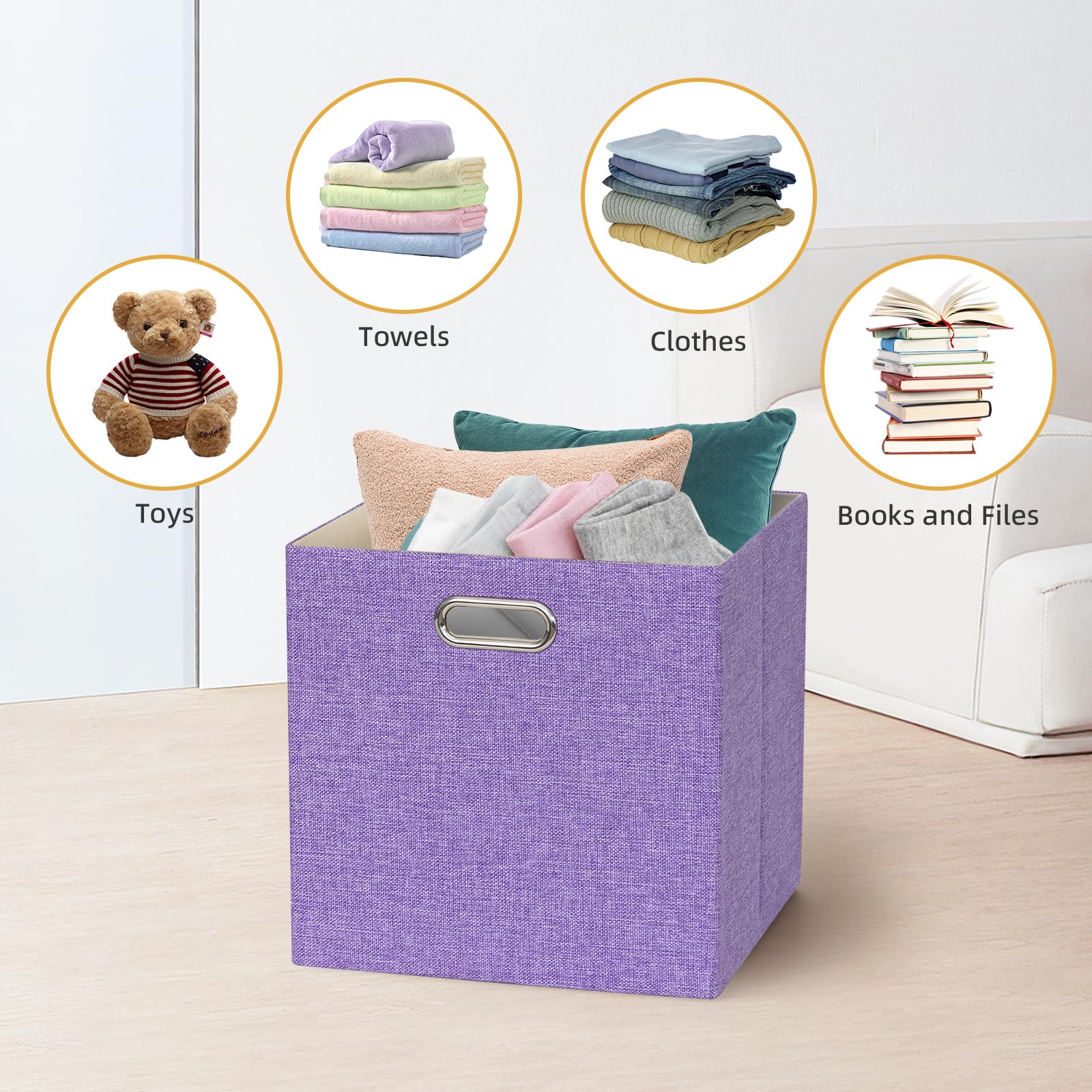 BinWhiz Set of 4 Collapsible Linen Storage Cubes - 13x13x13 Inches Fabric Bins for Kallax Shelves, Cabinet, Bookcase, Closet - Versatile Home Organizer Boxes for Decor and Laundry (Purple)