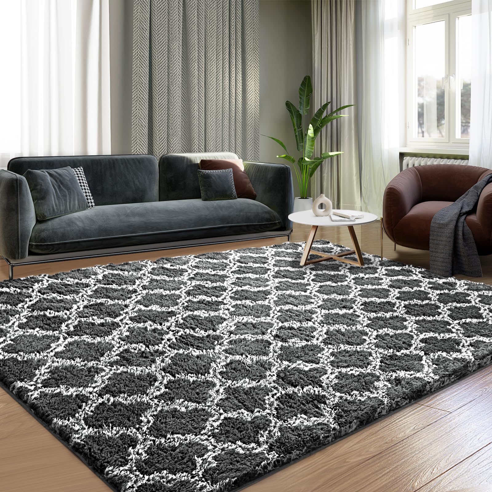 Puremy Shag Area Rug 5x7 Feet Extra Soft Rugs for Living Room, High Pile Indoor Carpet for Bedroom, Playroom, Nursery, Home Decor, Geometric, Dark Grey/White