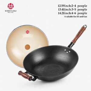 WANGYUANJI Cast Iron Wok,14.1'' Flat Bottom Wok with Glass Lid,Suitable for All Cooktops, Uncoated Craft Wok Healthy Cooking Wok