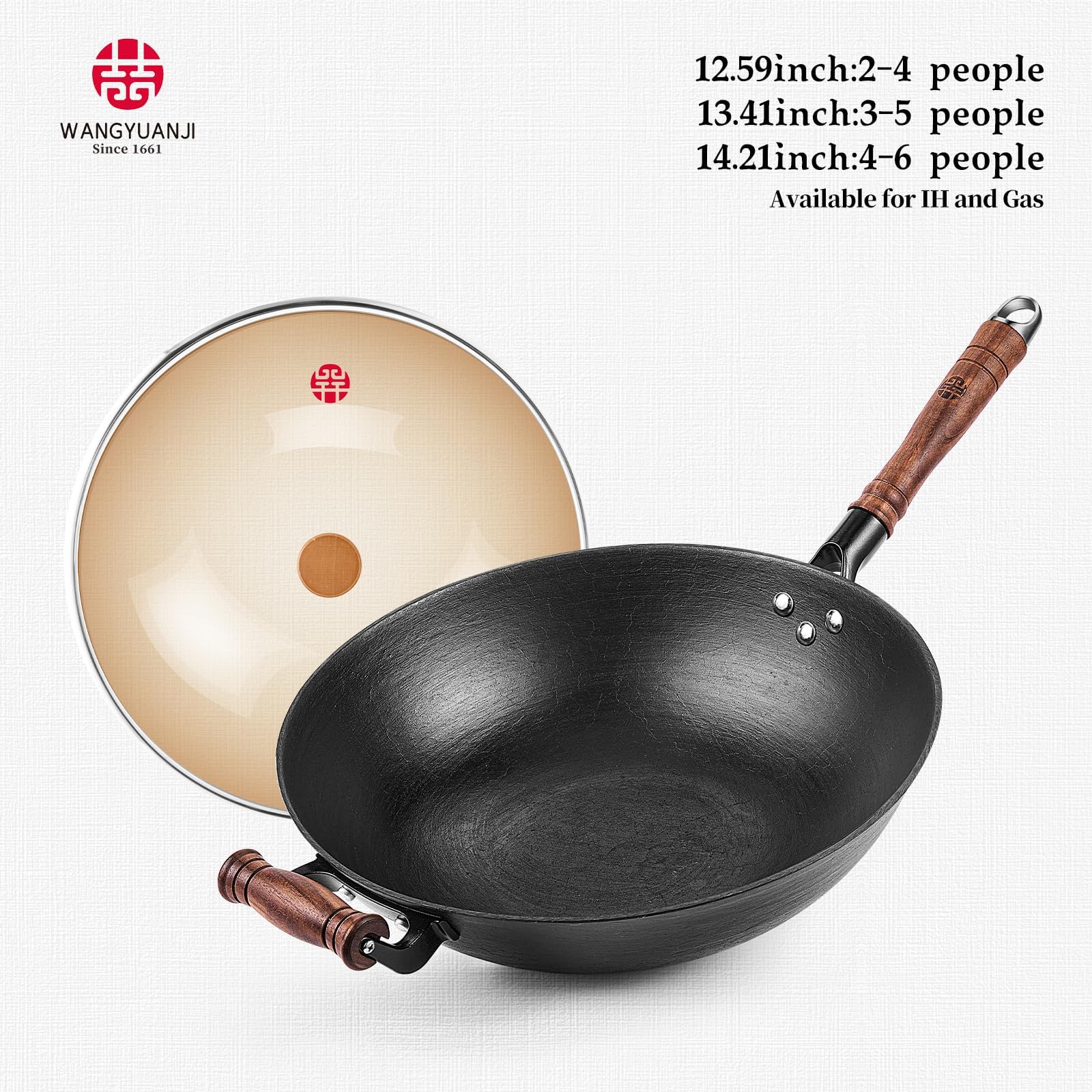 WANGYUANJI Cast Iron Wok,13.4'' Flat Bottom Wok with Glass Lid,Suitable for All Cooktops, Uncoated Craft Wok Healthy Cooking Wok