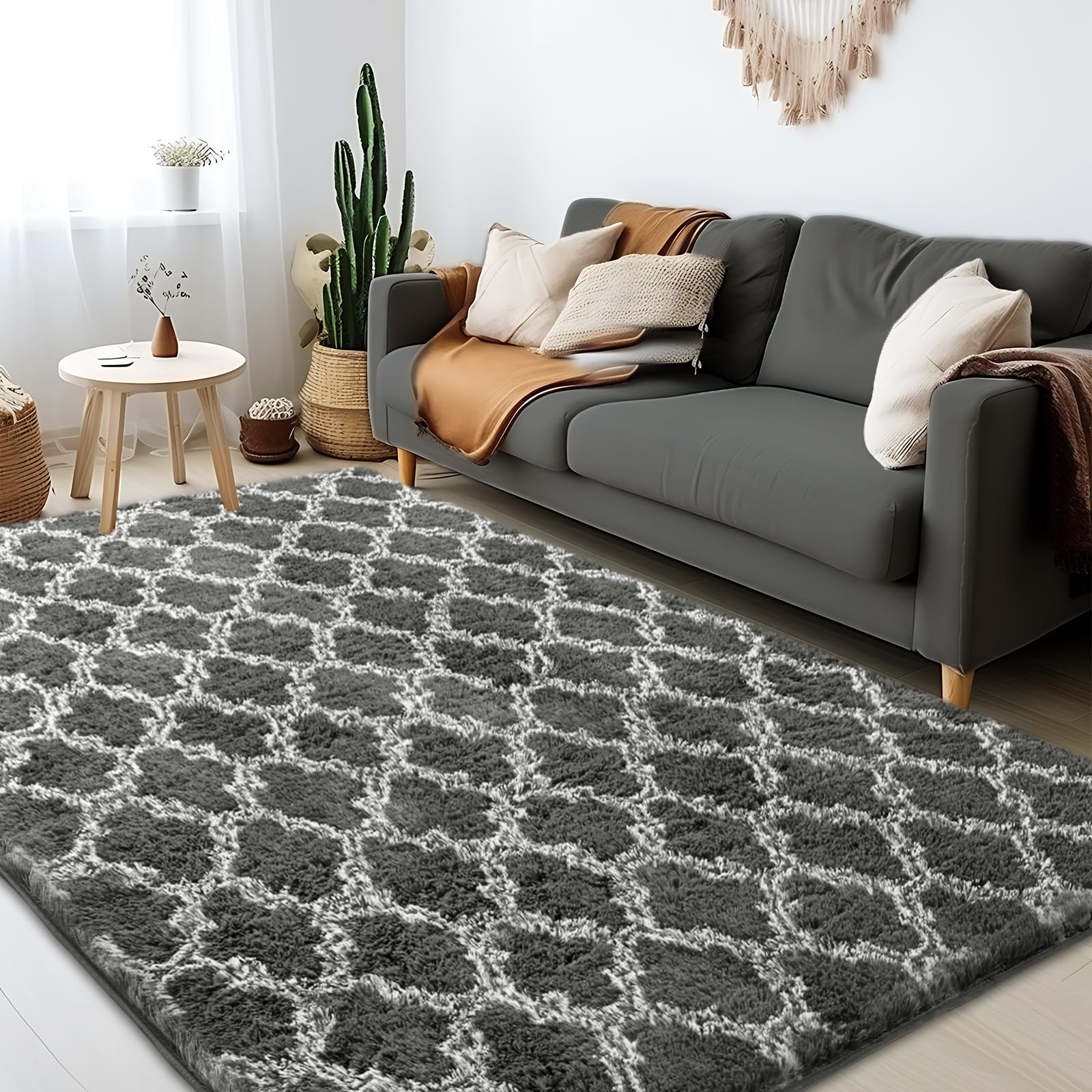 Puremy Shag Area Rug 5x7 Feet Extra Soft Rugs for Living Room, High Pile Indoor Carpet for Bedroom, Playroom, Nursery, Home Decor, Geometric, Dark Grey/White