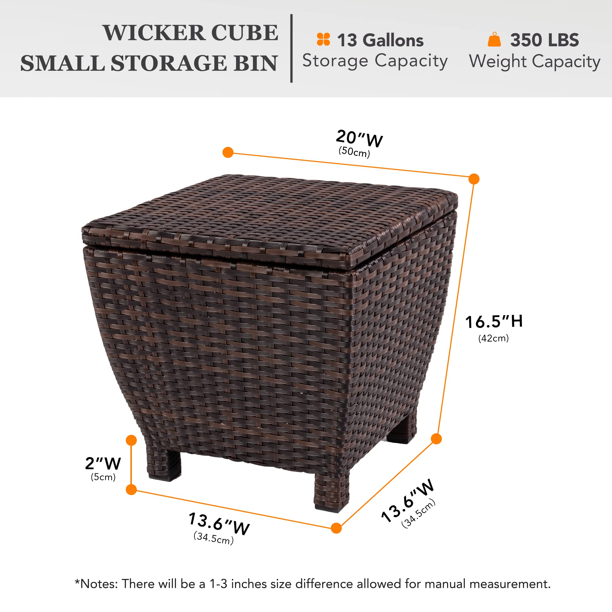 Outdoor Wicker Storage Box with Cover, 13 Gallon PE Rattan Deck Box for Outside with Waterproof Liner, Patio Storage Chest with Hinged Lid for Cushions, Pillows, Towels, Horizontal Bin, Brown