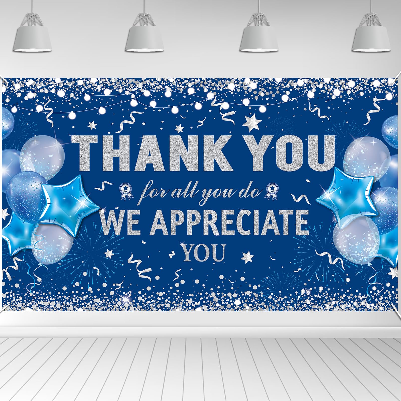 HOWAF Thank You for All You Do Party Decoration Banner, Employee Appreciation Banner for Staff Teachers Doctors Appreciation Party, We Appreciate You Backdrop Banner, Blue and Silver, 72.8" x 43.3"