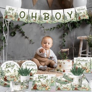 Let The Adventure Begin Baby Shower Tableware,Woodland Baby Shower Plates and Napkins Decorations Cups Banner Tablecloth for Adventure Awaits Baby Shower Boy Mountain Party Decorations