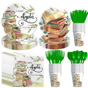 apowbls storybook baby shower decorations supplies - a new chapter will soon begin book theme party decorations, plate, cup, napkin, cutlery, library reading book club decorations tableware | serve 24