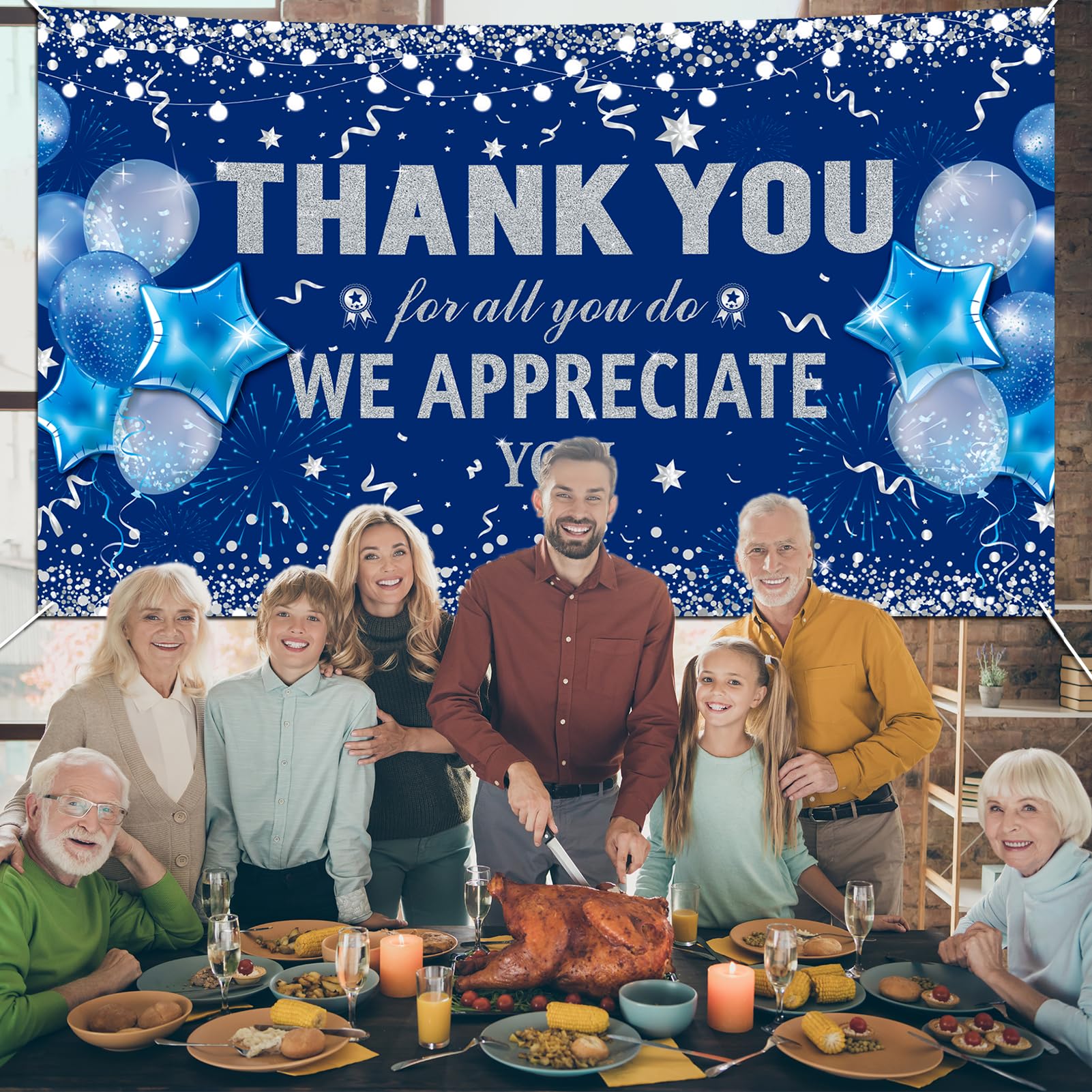 HOWAF Thank You for All You Do Party Decoration Banner, Employee Appreciation Banner for Staff Teachers Doctors Appreciation Party, We Appreciate You Backdrop Banner, Blue and Silver, 72.8" x 43.3"