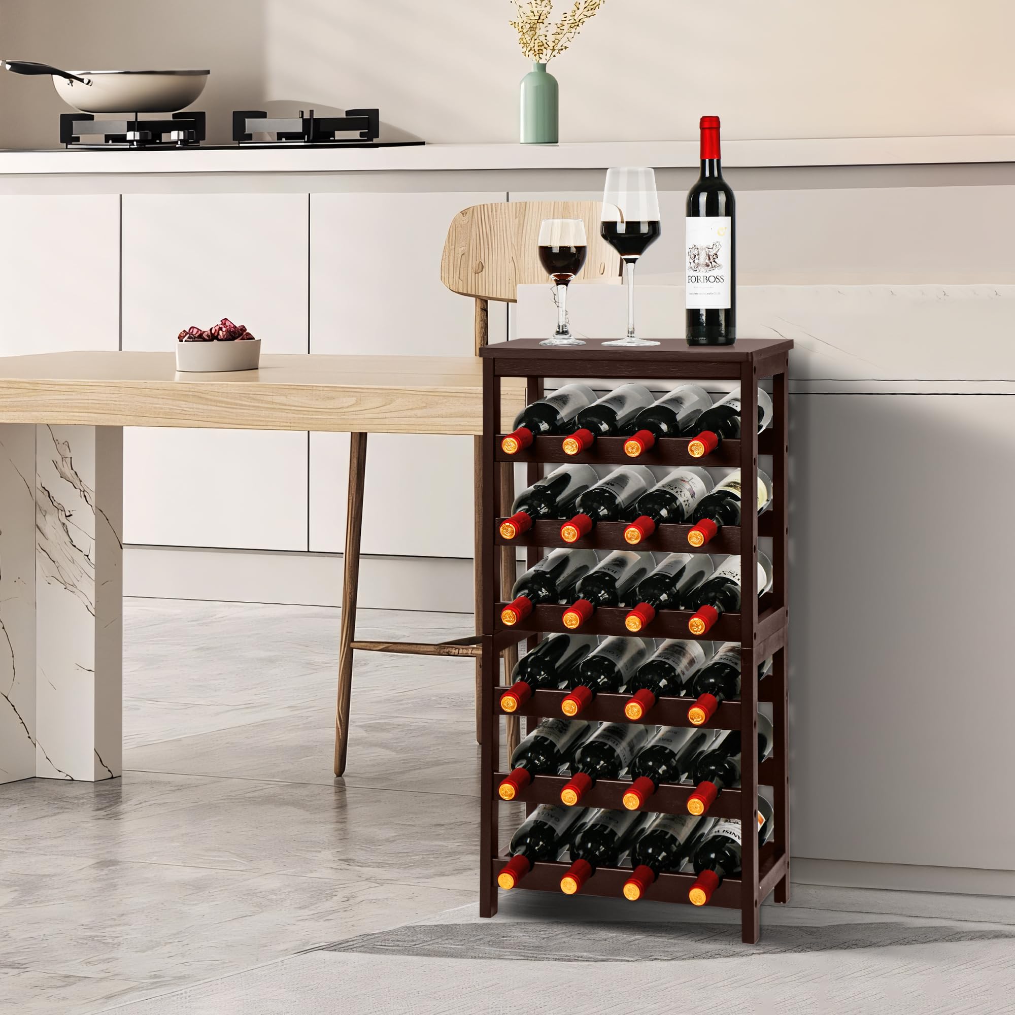 VASMIA Wine Rack Free Standing Floor, 6-Tier Display Wine Storage Shelves with Table Top, 24-Bottle Bamboo Wine Rack Shelf for Kitchen Bar Dining Room Living Room, Brown