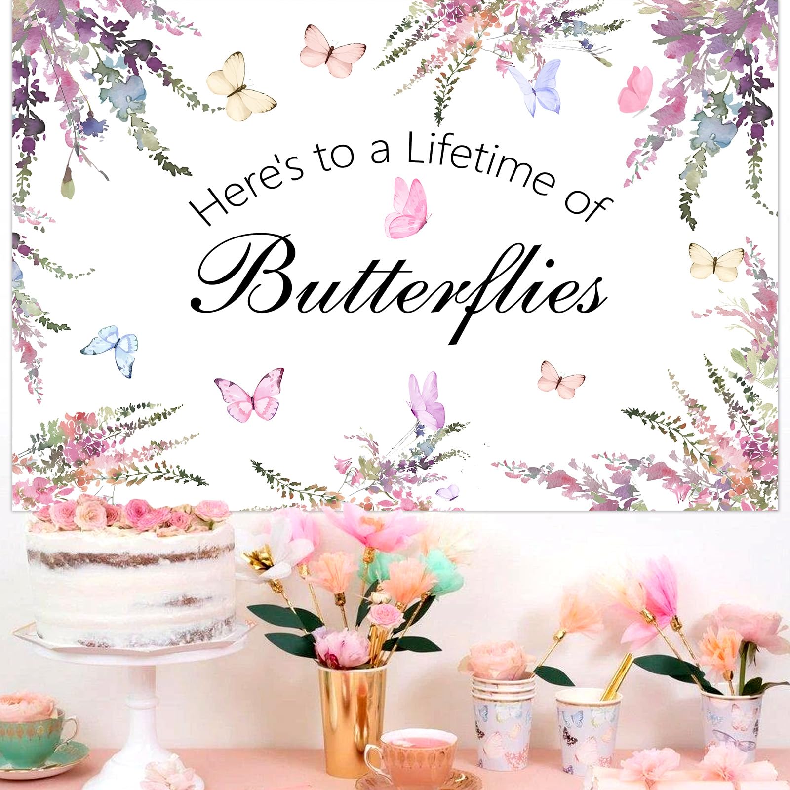 Wonmelody Butterfly Bridal Shower Backdrop Banner 7 * 5ft Lifetime of Butterflies Backdrop Butterfly Bride Shower Decorations Butterfly Floral Bridal Shower Banner for Bachelorette Wedding Engagement