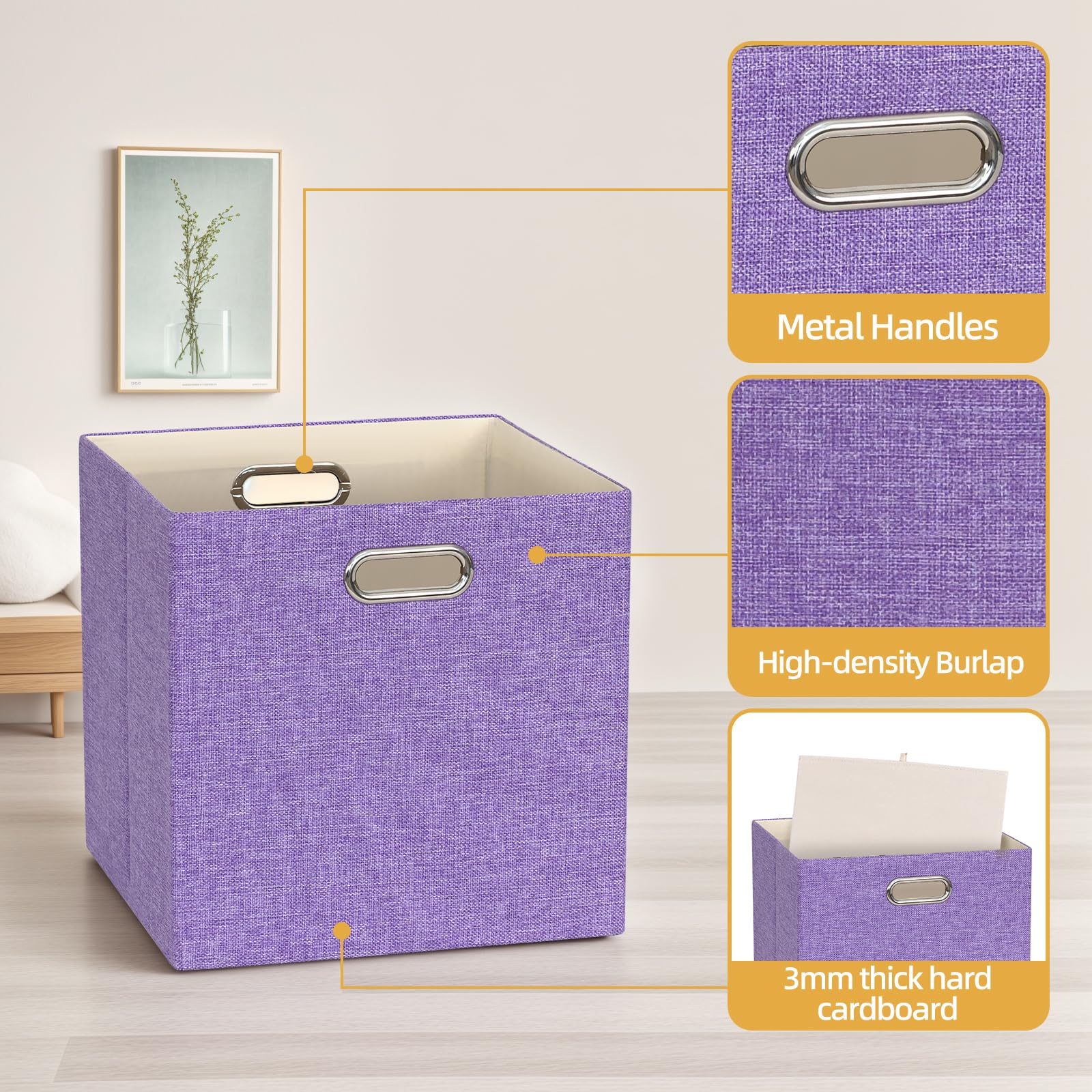 BinWhiz Set of 4 Collapsible Linen Storage Cubes - 13x13x13 Inches Fabric Bins for Kallax Shelves, Cabinet, Bookcase, Closet - Versatile Home Organizer Boxes for Decor and Laundry (Purple)