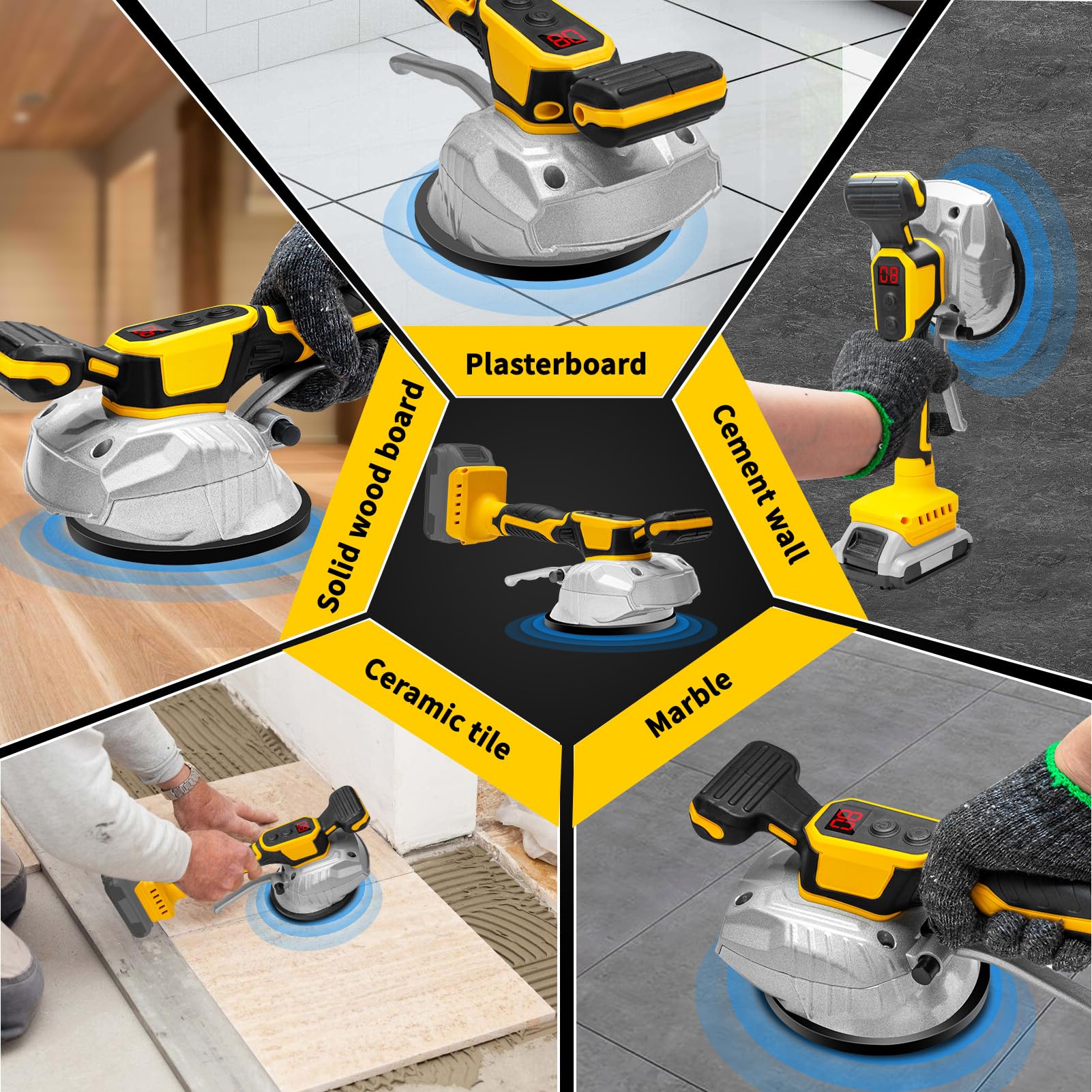 Cordless Tile Vibration Leveling Machine,for Dewalt 20V Max Battery, Portable Tiler Vibrator Tool with 8 Adjustable Speed,Suction Cup,Digital Display for Floor,Tile,Wall (Battery Not Included)