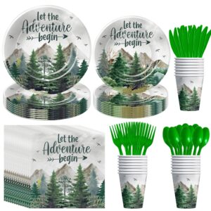 hipvvild let the adventure begin baby shower decorations tableware - adventure awaits party decorations, plate, cup, napkin, cutlery, mountain forest woodland camping travel party supplies | serve 24