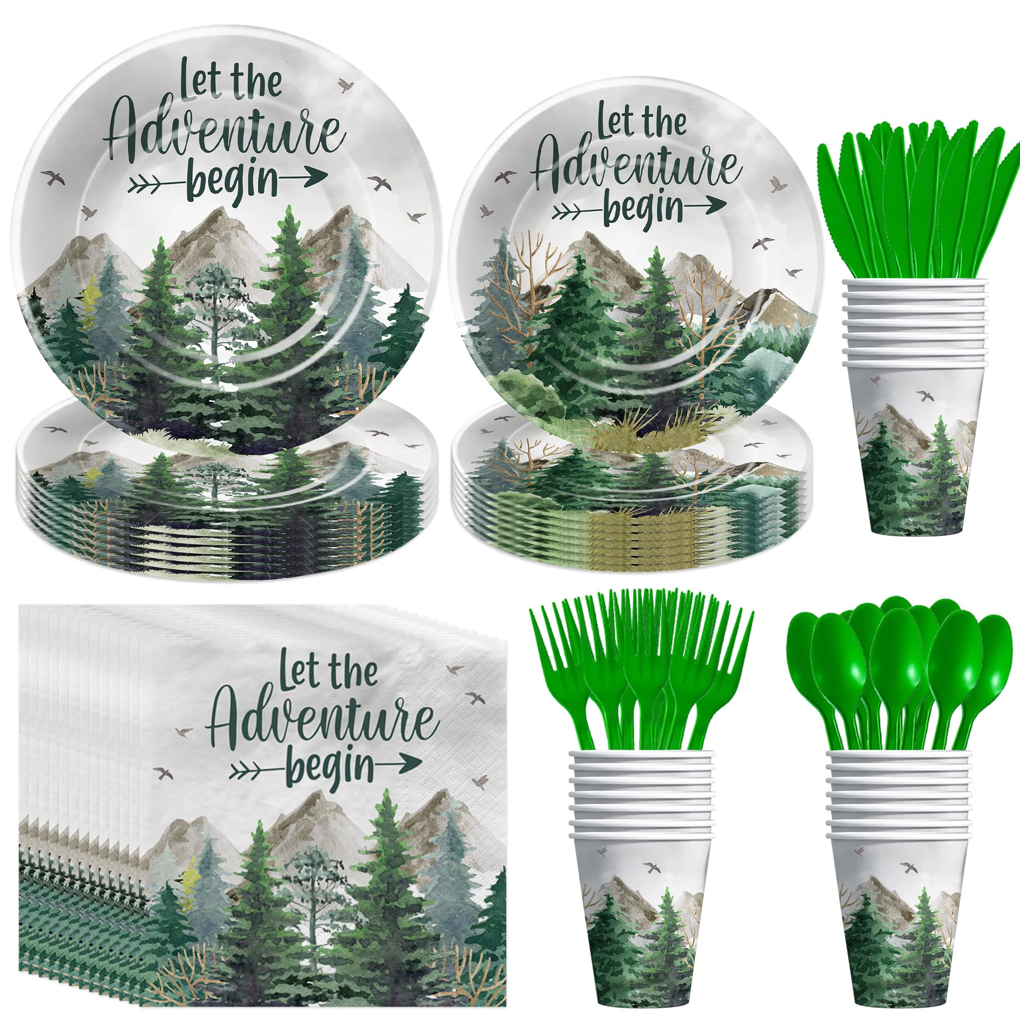 HIPVVILD Let The Adventure Begin Baby Shower Decorations Tableware - Adventure Awaits Party Decorations, Plate, Cup, Napkin, Cutlery, Mountain Forest Woodland Camping Travel Party Supplies | Serve 24