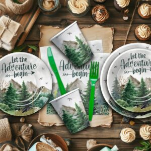 HIPVVILD Let The Adventure Begin Baby Shower Decorations Tableware - Adventure Awaits Party Decorations, Plate, Cup, Napkin, Cutlery, Mountain Forest Woodland Camping Travel Party Supplies | Serve 24