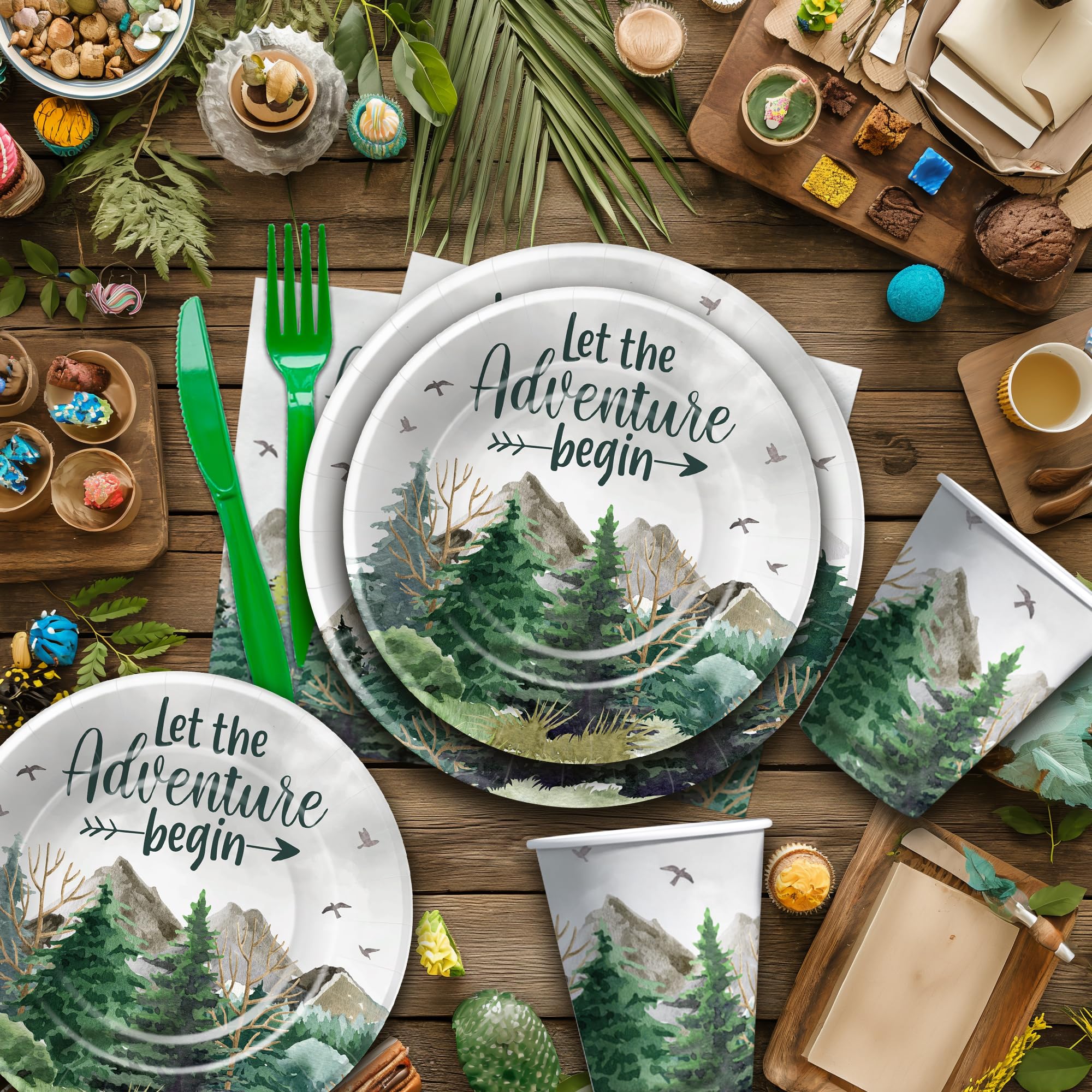 HIPVVILD Let The Adventure Begin Baby Shower Decorations Tableware - Adventure Awaits Party Decorations, Plate, Cup, Napkin, Cutlery, Mountain Forest Woodland Camping Travel Party Supplies | Serve 24