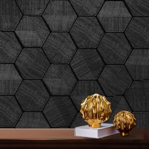 self adhesive black peel and stick wallpaper 3d hexagon geometric embossed contact paper removable easy peel off wallpaper textured wall paper for cabinet bedroom, 15.7" x 118"