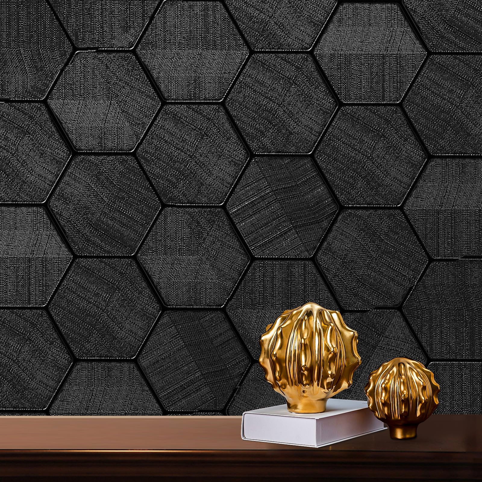 Self Adhesive Black Peel and Stick Wallpaper 3D Hexagon Geometric Embossed Contact Paper Removable Easy Peel Off Wallpaper Textured Wall Paper for Cabinet Bedroom, 15.7" X 118"