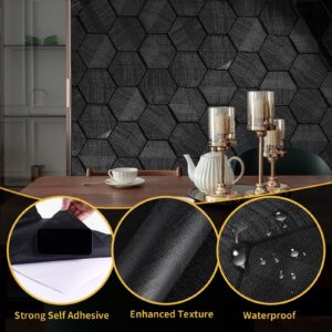 Self Adhesive Black Peel and Stick Wallpaper 3D Hexagon Geometric Embossed Contact Paper Removable Easy Peel Off Wallpaper Textured Wall Paper for Cabinet Bedroom, 15.7" X 118"