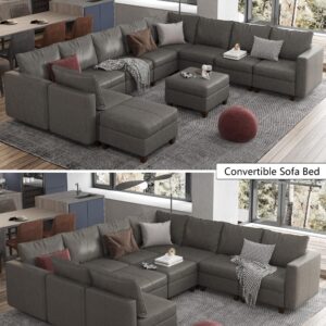 EASE MOOSE Convertible Modular Couch U Shaped Sofa with Storage Seat, Faux Leather Modular Sectional Sofa Oversized Sleeper Sofa with Reversible Chaises, Grey