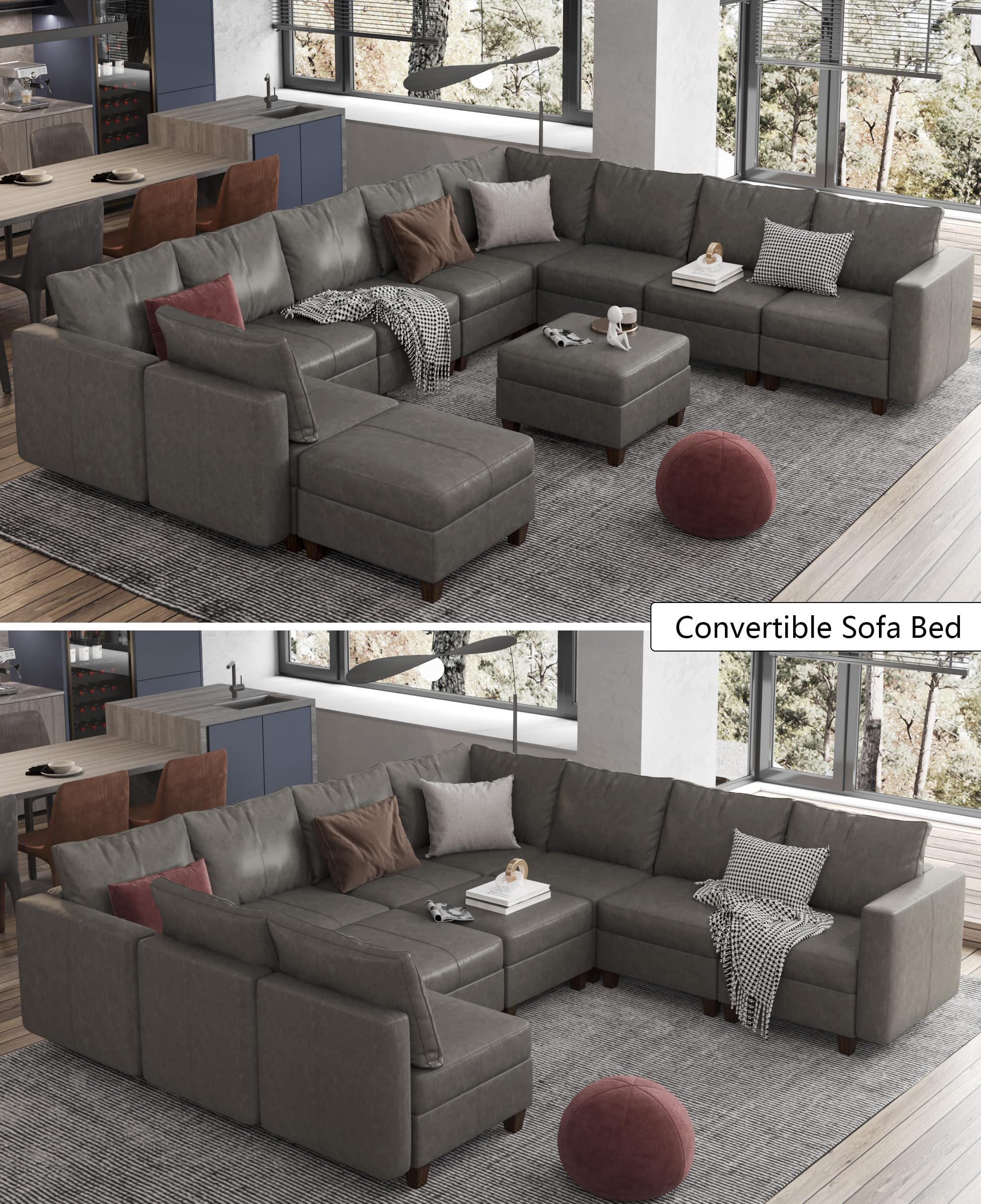 EASE MOOSE Convertible Modular Couch U Shaped Sofa with Storage Seat, Faux Leather Modular Sectional Sofa Oversized Sleeper Sofa with Reversible Chaises, Grey