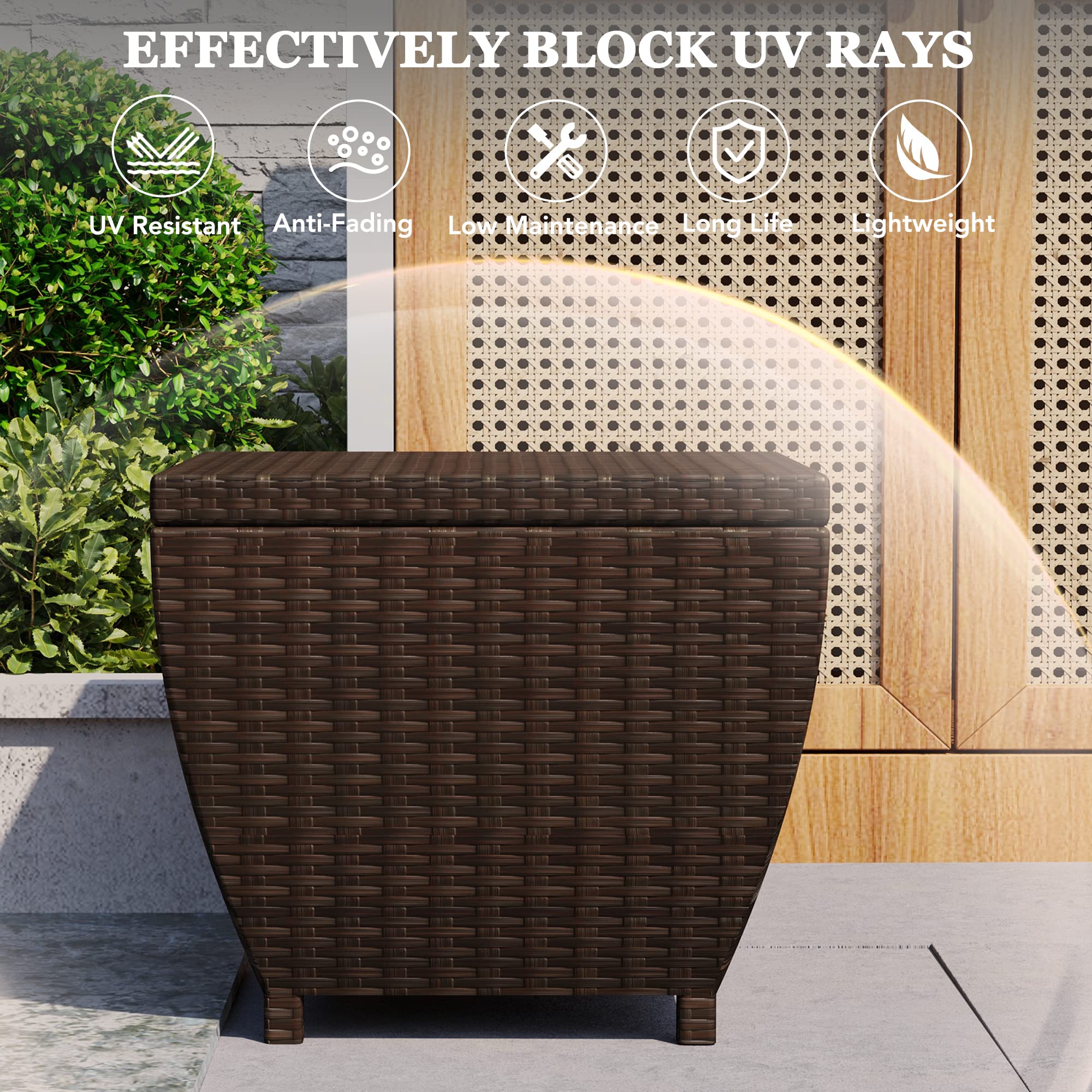 Outdoor Wicker Storage Box with Cover, 13 Gallon PE Rattan Deck Box for Outside with Waterproof Liner, Patio Storage Chest with Hinged Lid for Cushions, Pillows, Towels, Horizontal Bin, Brown