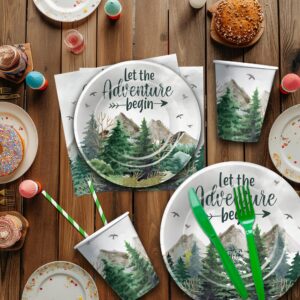 HIPVVILD Let The Adventure Begin Baby Shower Decorations Tableware - Adventure Awaits Party Decorations, Plate, Cup, Napkin, Cutlery, Mountain Forest Woodland Camping Travel Party Supplies | Serve 24