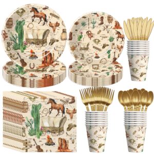 hipvvild western cowboy party decorations tableware - wild west rodeo theme birthday baby shower party supplies table decorations, paper plate, cup, napkin, disposable cutlery | serve 24