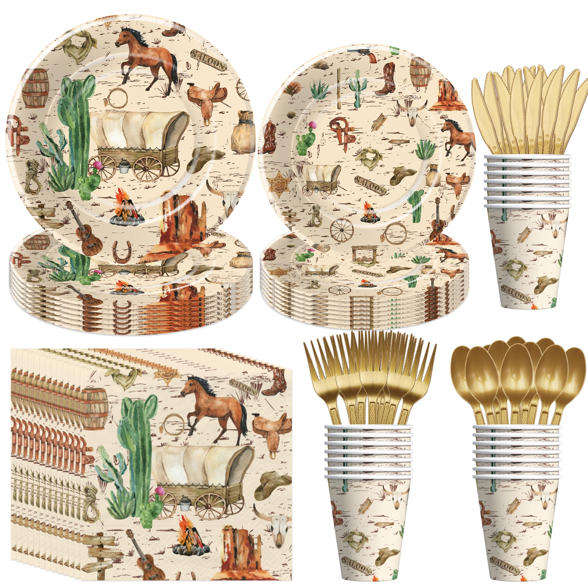 HIPVVILD Western Cowboy Party Decorations Tableware - Wild West Rodeo Theme Birthday Baby Shower Party Supplies Table Decorations, Paper Plate, Cup, Napkin, Disposable Cutlery | Serve 24