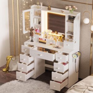 IRONCK Vanity Desk with LED Lights Mirror and Charging Station, Makeup Vanity Table with Jewelry Armoire, Storage Bench, and 11 Drawers, White