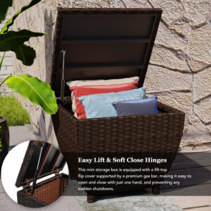 Outdoor Wicker Storage Box with Cover, 13 Gallon PE Rattan Deck Box for Outside with Waterproof Liner, Patio Storage Chest with Hinged Lid for Cushions, Pillows, Towels, Horizontal Bin, Brown