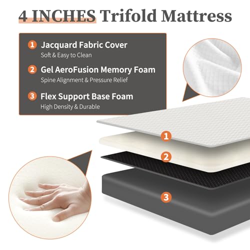 Sweetcrispy Folding Mattress, 3 inch Tri-fold Memory Foam Mattress Topper for Camping, Foldable Mattress Topper with Washable Cover, Guest - Queen Size, White