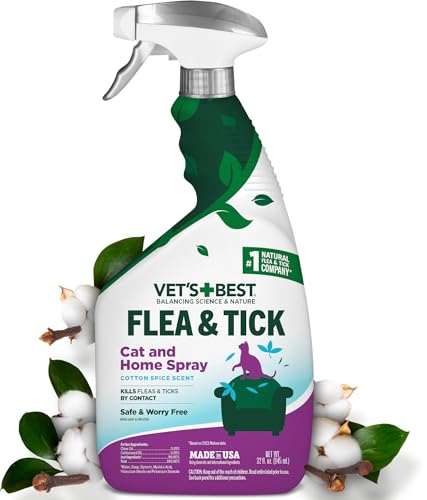 Vet’s Best Flea & Tick Home Spray for Cats – Cotton Spice Scent Cat Flea & Tick Aid – Made in The USA – Flea & Tick Gentle Mist for Cats – 32 oz