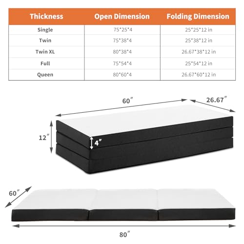 Sweetcrispy Folding Mattress, 3 inch Tri-fold Memory Foam Mattress Topper for Camping, Foldable Mattress Topper with Washable Cover, Guest - Queen Size, White