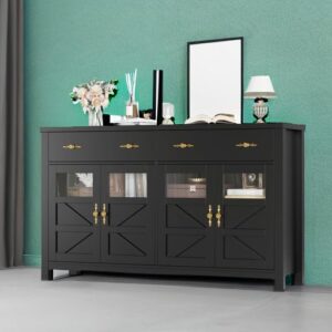 FINETONES Buffet Cabinet with Storage, 55.1" Large Sideboard Buffet Cabinet, Farmhouse Sideboard Kitchen Cabinet with 2 Drawers and 4 Doors, Wood Coffee Bar Cabinet Buffet Table for Kitchen, Black