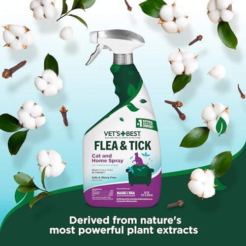 Vet’s Best Flea & Tick Home Spray for Cats – Cotton Spice Scent Cat Flea & Tick Aid – Made in The USA – Flea & Tick Gentle Mist for Cats – 32 oz